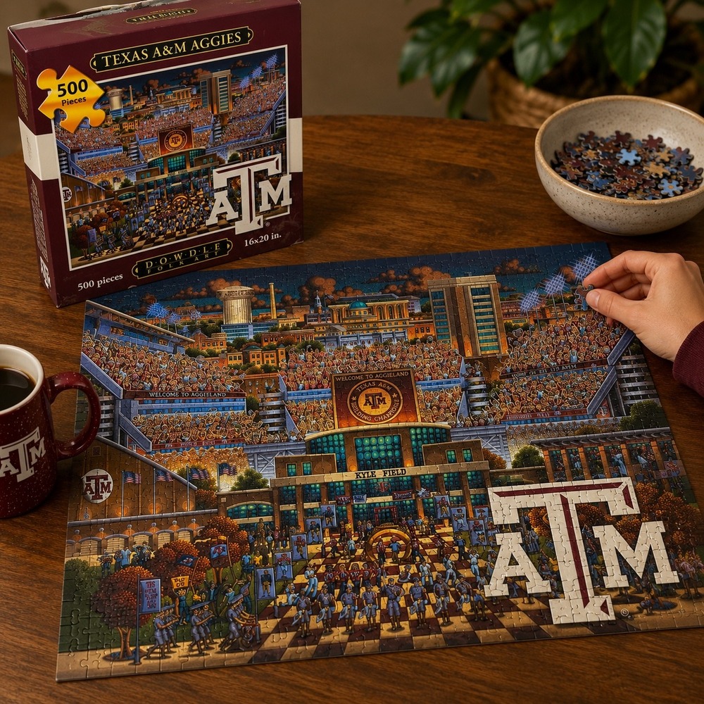 Texas A&M Aggies 500 Piece Jigsaw Puzzle Eric Dowdle Folk‎ Art Kyle Field 16x20
